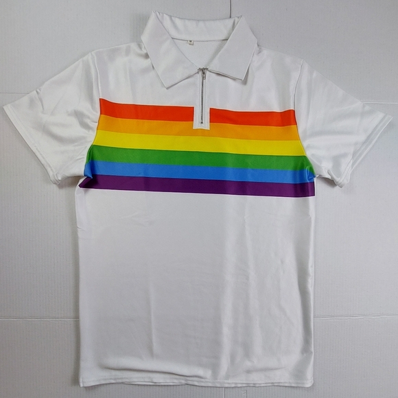 Rainbow Shirt Mens Medium White Short Sleeve 1/4 Zip Collar - Picture 1 of 5